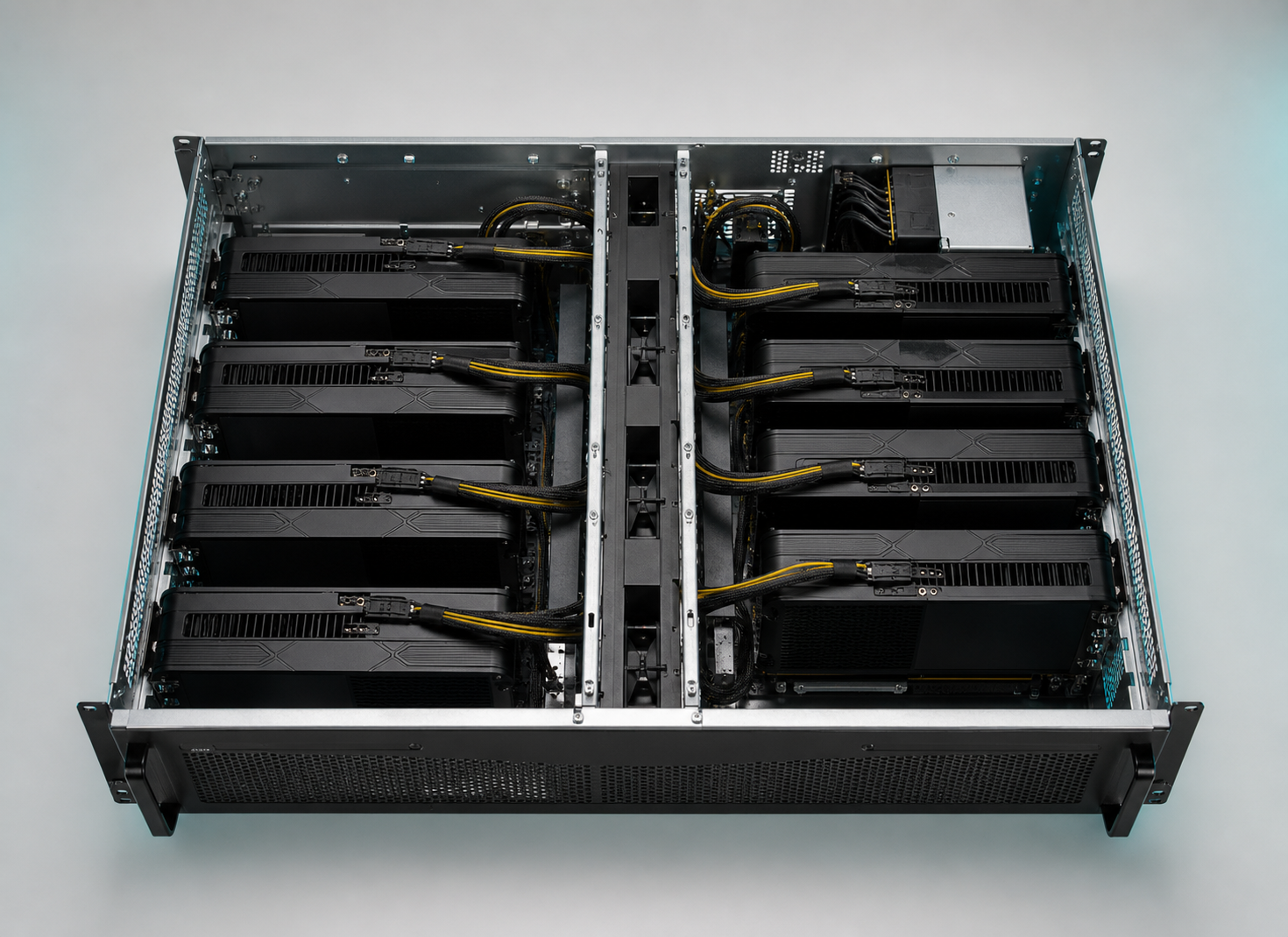 8U rackmount AI server with eight RTX 5090 class GPUs in a four-by-four layout